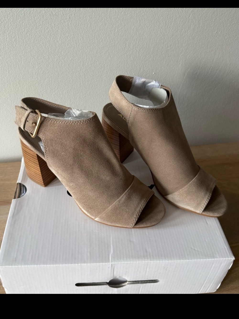 Aldo Taupe Suede Open-Peep Toe Block Heel Sandals